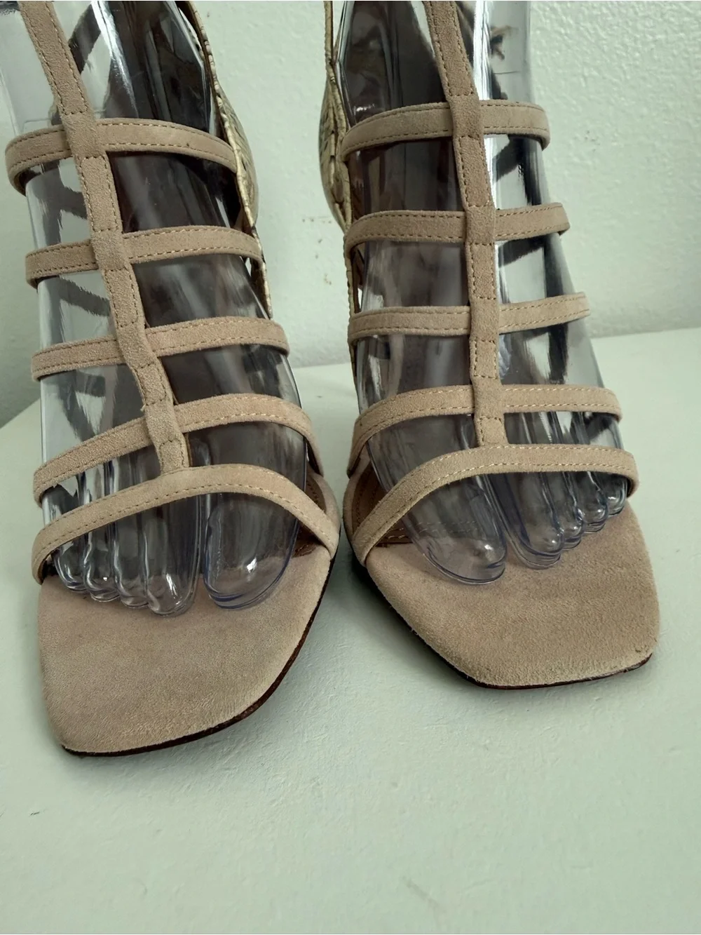 BCBGMaxAzria Nude Taupe Strappy High Heel Sandals with Snake-Print Trim